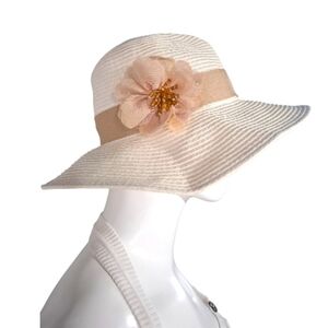 AUGUST HAT COMPANY FLOPPY SUN, DERBY, CHURCH STRAW HAT W/ BEADED FLOWER